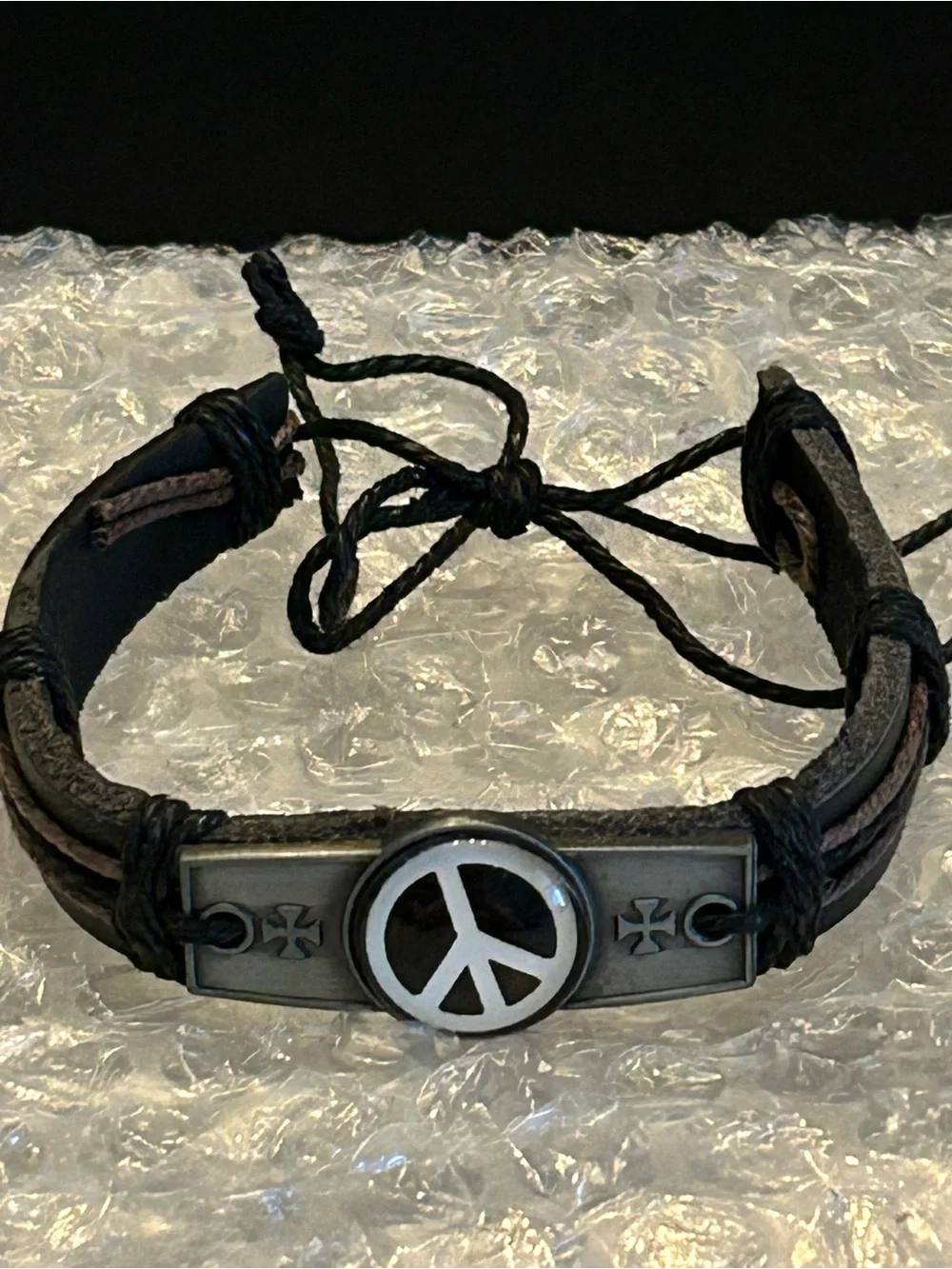 Men's Brown or Black Leather Peace Sign Adjustable Bracelet wAntique Metal Plate